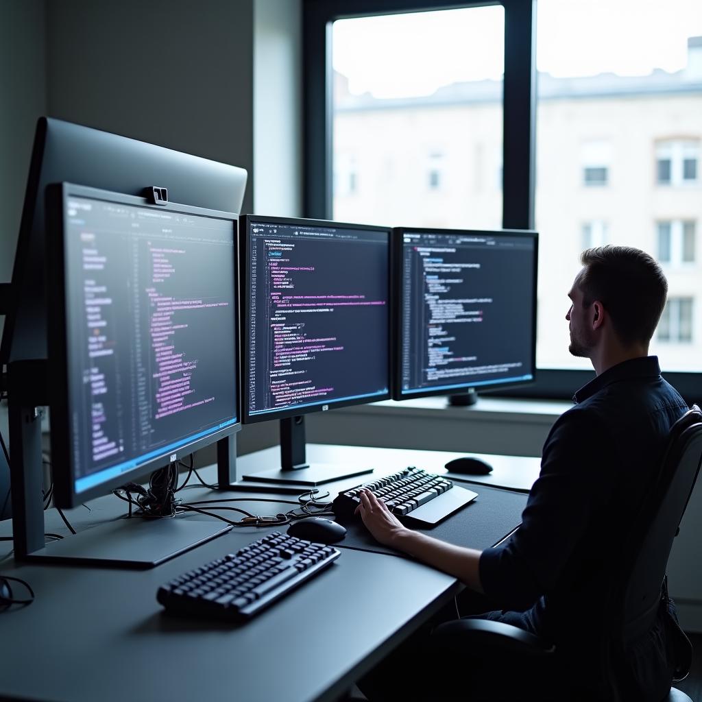 A high-tech software development environment showing clean code on multiple monitors